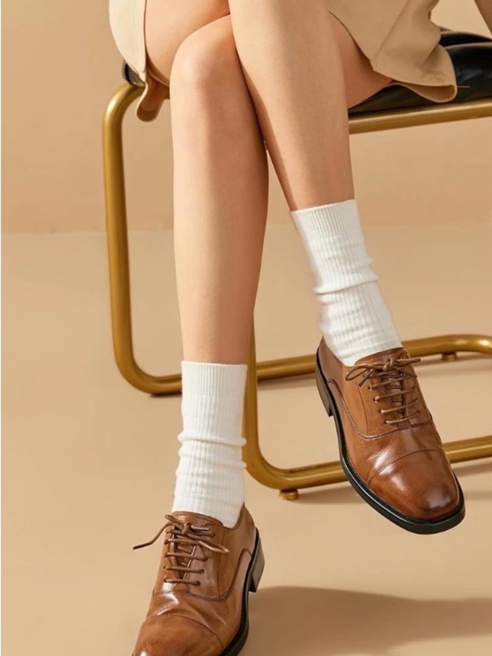 Women Tan Leather Cap-Toe Oxfords